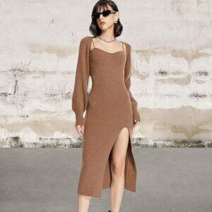 CIDER Knit Solid Cami Split Midi Dress & Crop Top in Coffee Size Medium